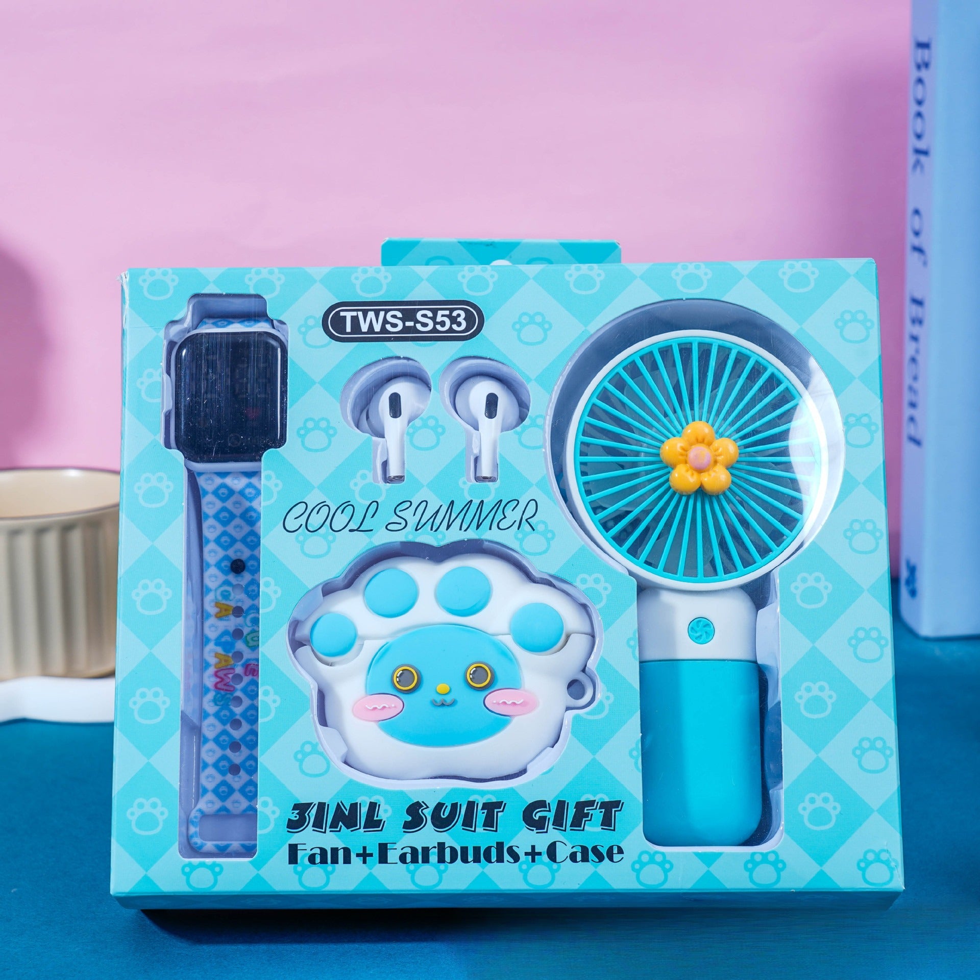 Cute Cartoon Wireless Earbuds Gift Set:Bluetooth Earbuds+Mini Fan+Watch