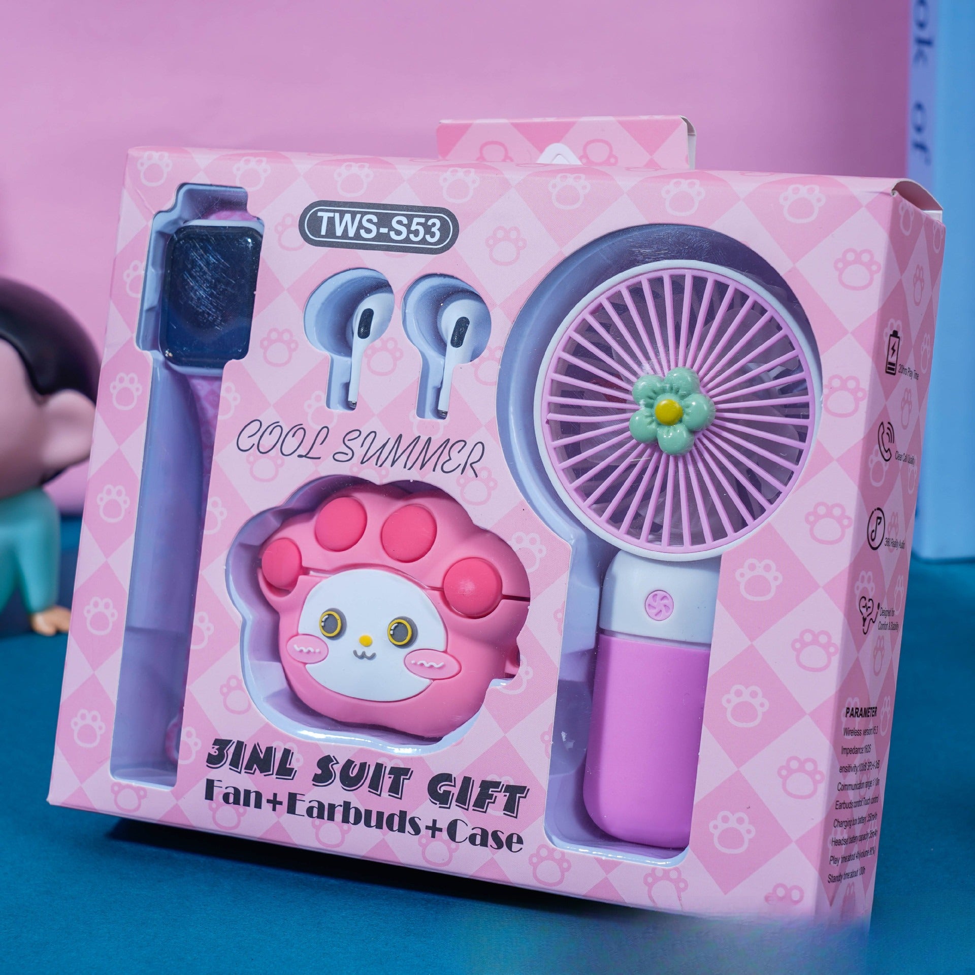 Cute Cartoon Wireless Earbuds Gift Set:Bluetooth Earbuds+Mini Fan+Watch