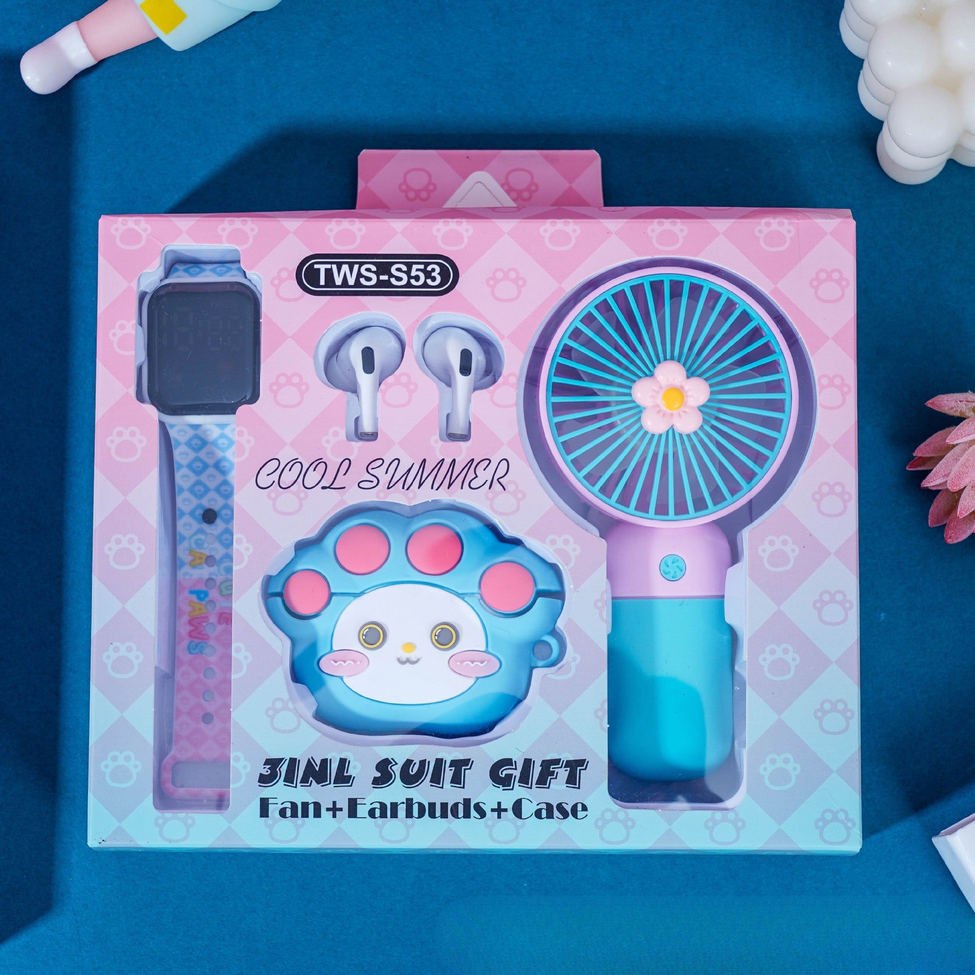 Cute Cartoon Wireless Earbuds Gift Set:Bluetooth Earbuds+Mini Fan+Watch