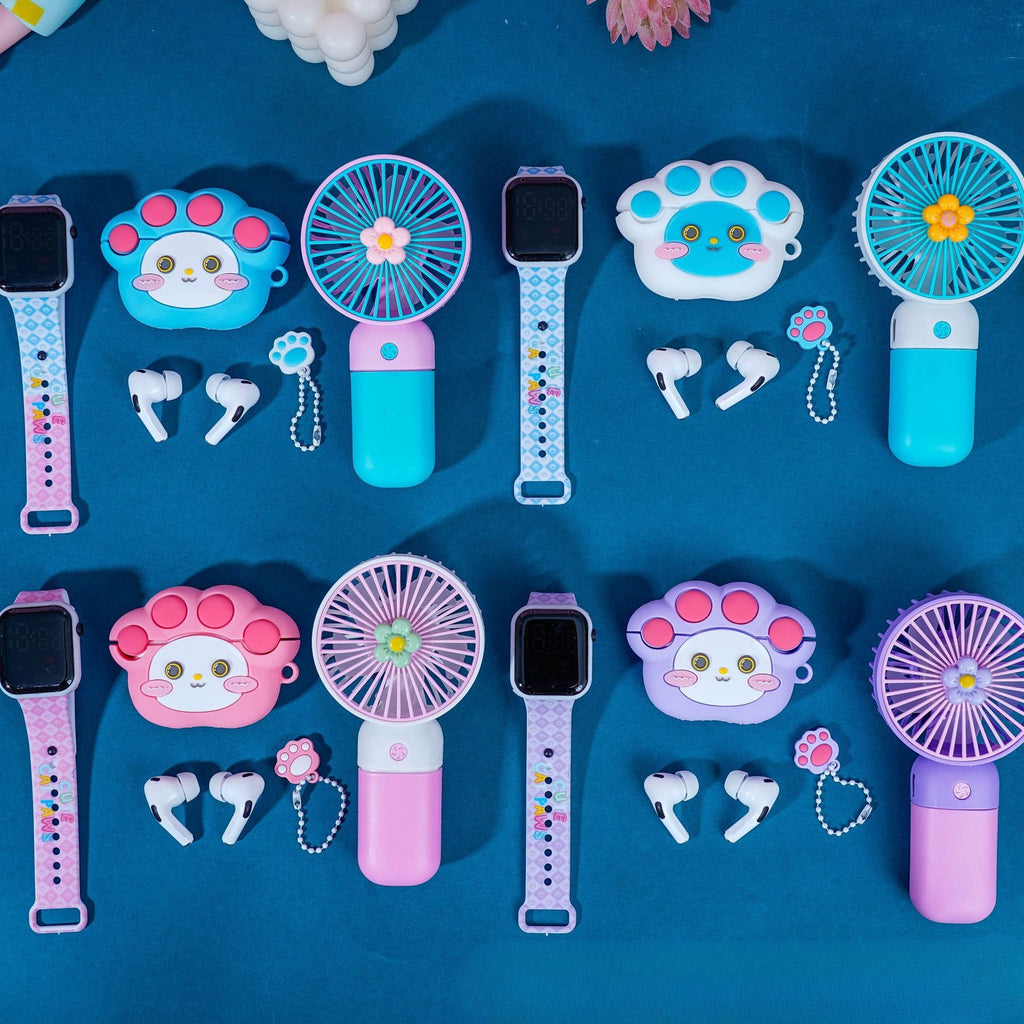 Cute Cartoon Wireless Earbuds Gift Set:Bluetooth Earbuds+Mini Fan+Watch