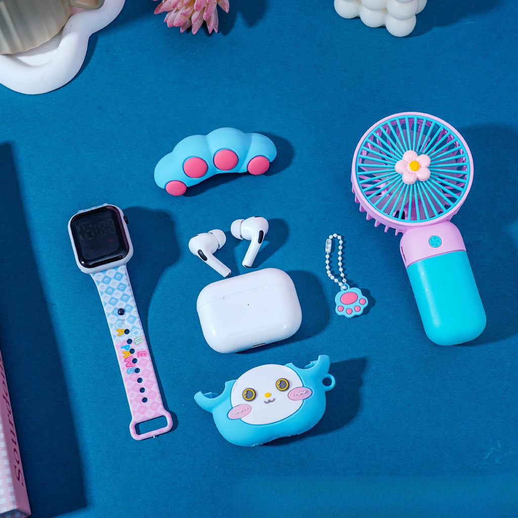 Cute Cartoon Wireless Earbuds Gift Set:Bluetooth Earbuds+Mini Fan+Watch