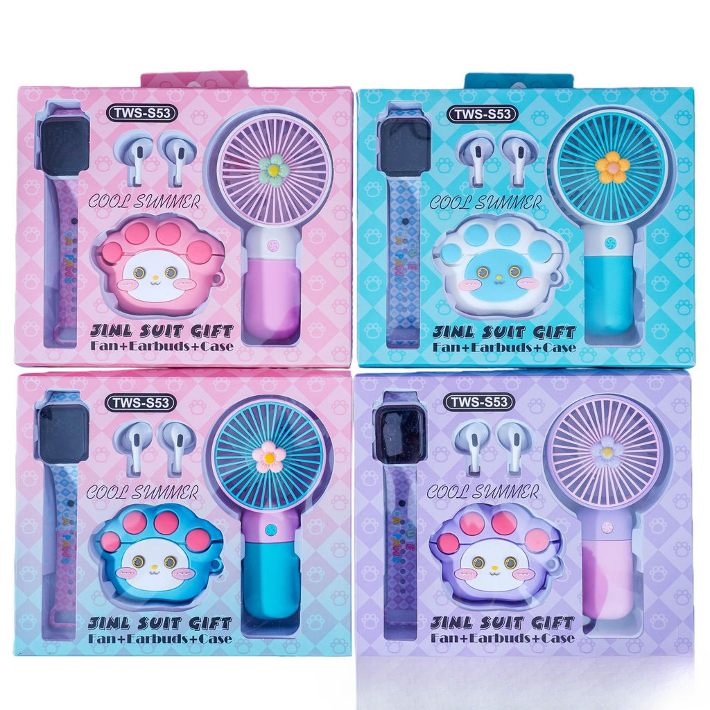 Cute Cartoon Wireless Earbuds Gift Set:Bluetooth Earbuds+Mini Fan+Watch