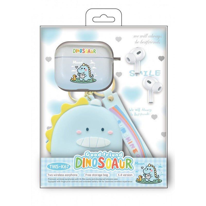 3 in 1 Cartoon Dinosaur Bluetooth Earphones Set:Dinosaur Silicone+Cover Wallet+Watch