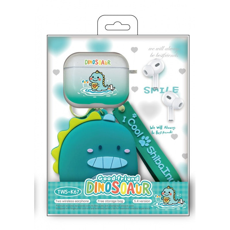 3 in 1 Cartoon Dinosaur Bluetooth Earphones Set:Dinosaur Silicone+Cover Wallet+Watch