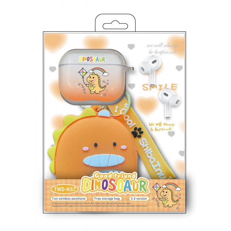 3 in 1 Cartoon Dinosaur Bluetooth Earphones Set:Dinosaur Silicone+Cover Wallet+Watch