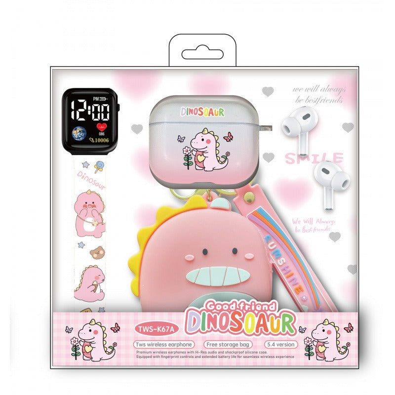 3 in 1 Cartoon Dinosaur Bluetooth Earphones Set:Dinosaur Silicone+Cover Wallet+Watch