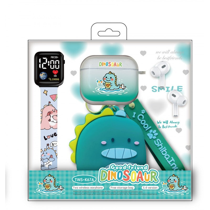 3 in 1 Cartoon Dinosaur Bluetooth Earphones Set:Dinosaur Silicone+Cover Wallet+Watch