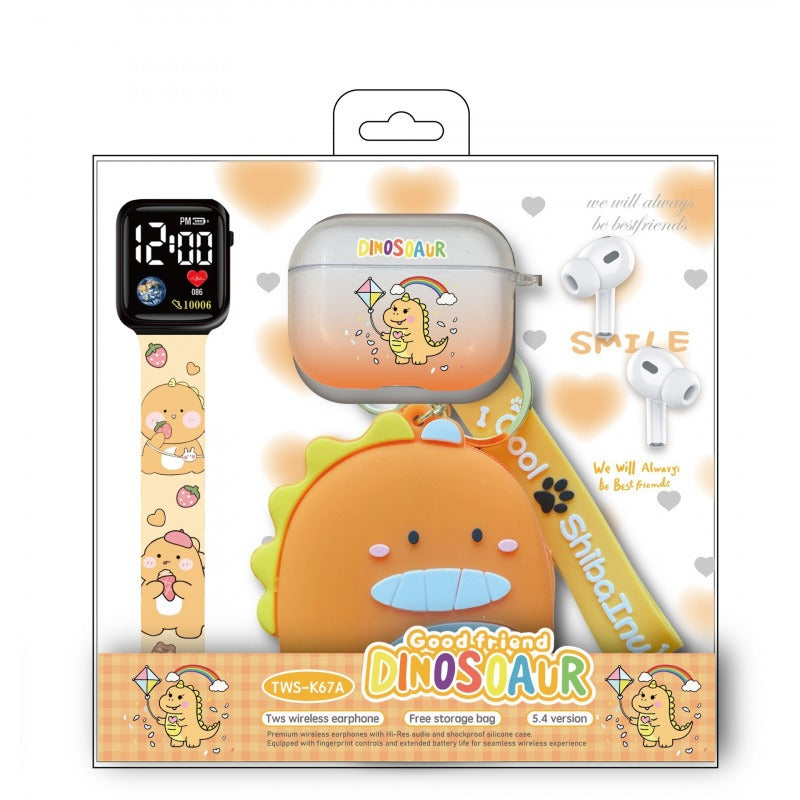 3 in 1 Cartoon Dinosaur Bluetooth Earphones Set:Dinosaur Silicone+Cover Wallet+Watch