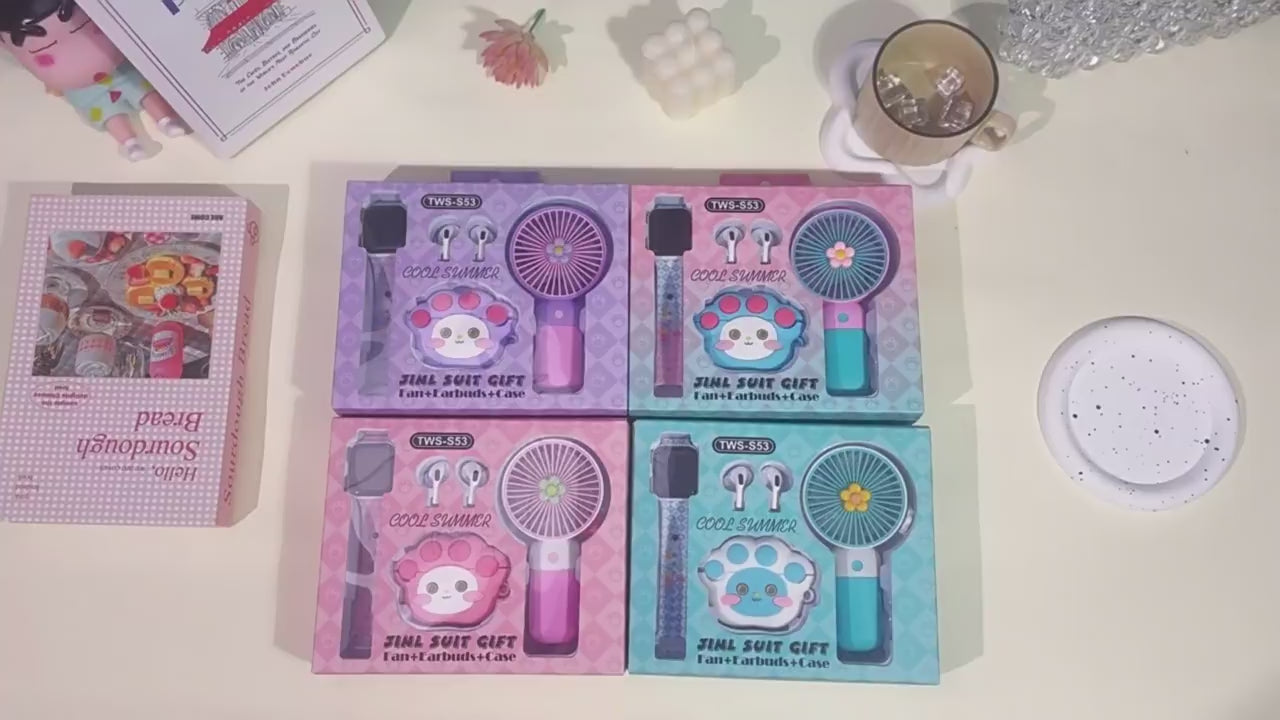 Cute Cartoon Wireless Earbuds Gift Set:Bluetooth Earbuds+Mini Fan+Watch